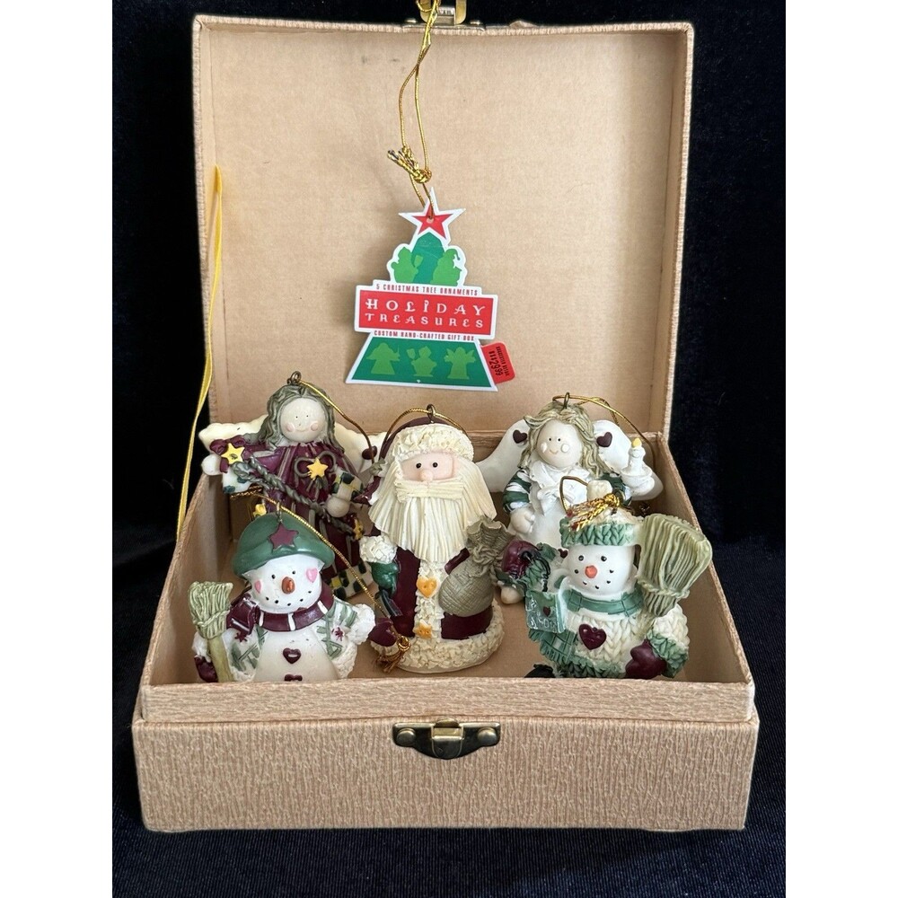 Holiday Treasures Gift Box 5 Christmas Ornaments Santa Snowman Angel Vintage